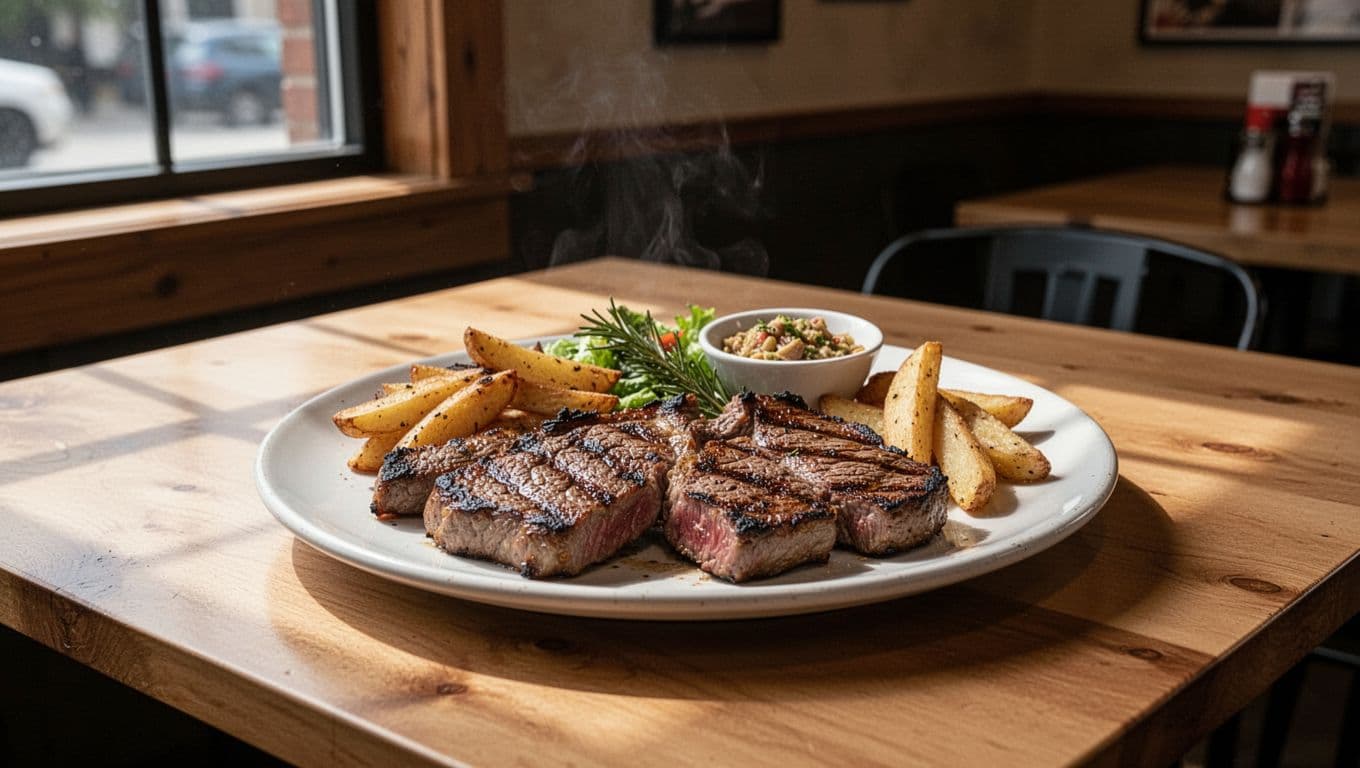 Grilled meats and sides on plate in casual grill restaurant with soft window light under green Local Favorite band.