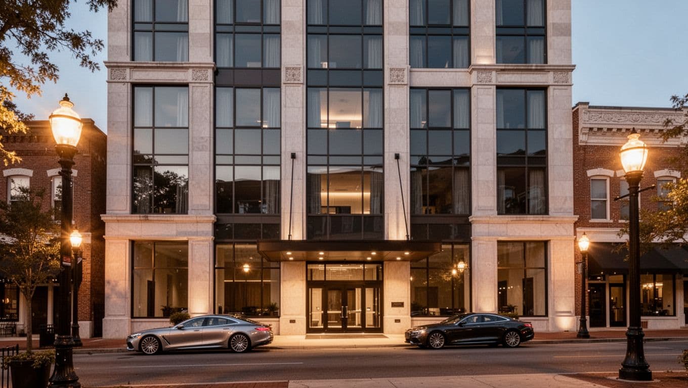 Modern hotel exterior in historic Macon downtown district at dusk, elegant facade blending old and new architecture with warm evening lighting and a luxury car parked nearby.