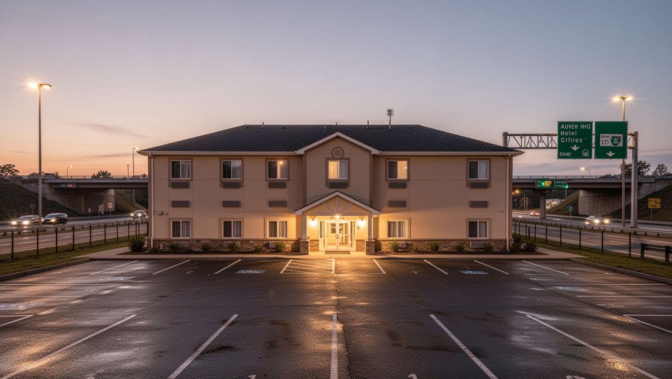 Realistic photo of a budget hotel exterior near I-65 highway interchange at dusk, centered on the entrance with warm evening light and a branded green headline band reading 'Priceville Stays'. Wide landscape view with parking lot, no people, cars, or extra elements.