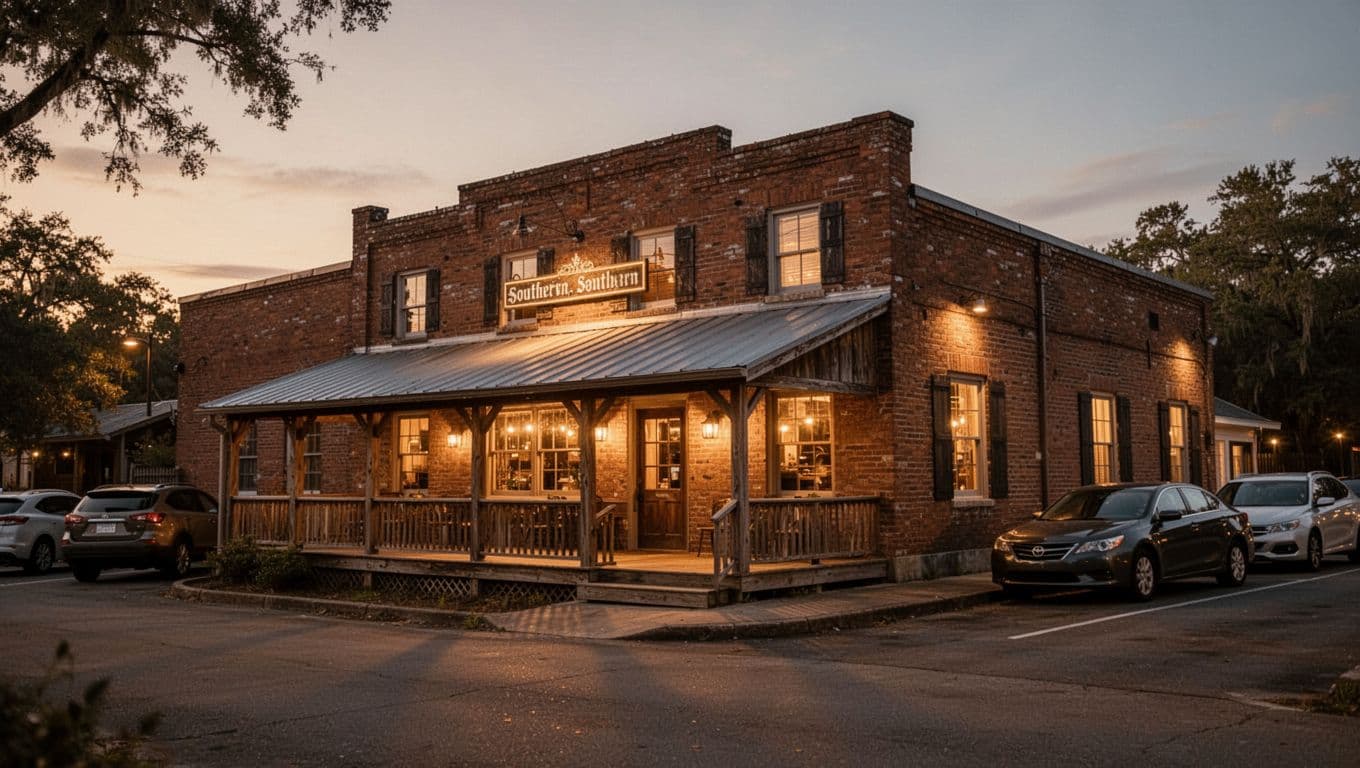 Exterior of a cozy southern restaurant in Prichard at dusk, featuring warm window lights, parked cars, and a bold 'Dine Smart' headline on a green band at the top.