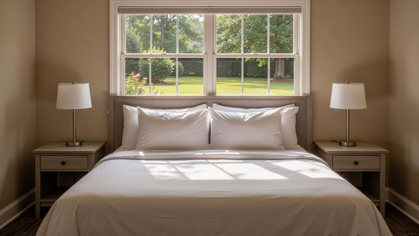 Comfortable suburban Alabama hotel room interior with centered bed, pillows, two nightstands, window view of green yard, natural daylight, and bold 'Prichard Hotels' green headline band at top.