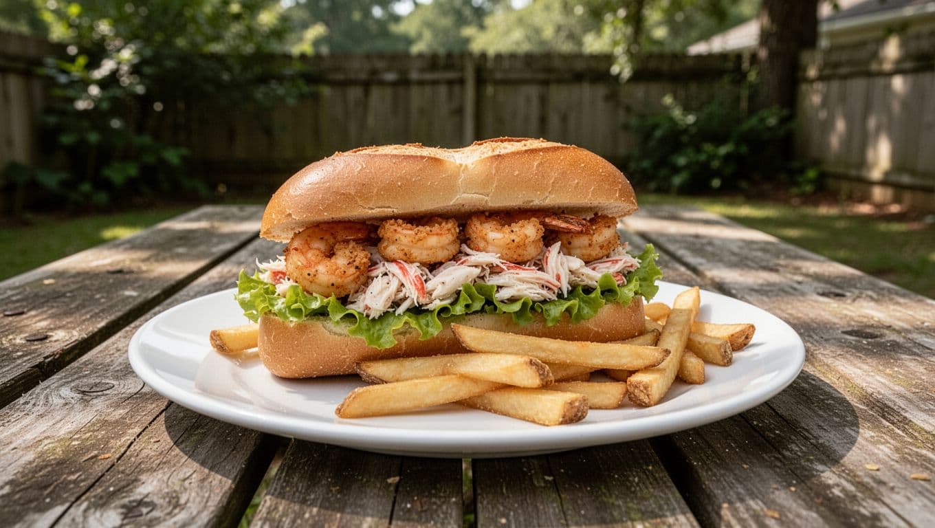 Fresh seafood po'boy sandwich with fries on a wooden picnic table in an Alabama-style backyard under soft natural light, branded with 'Prichard Picks' headline on a green band.