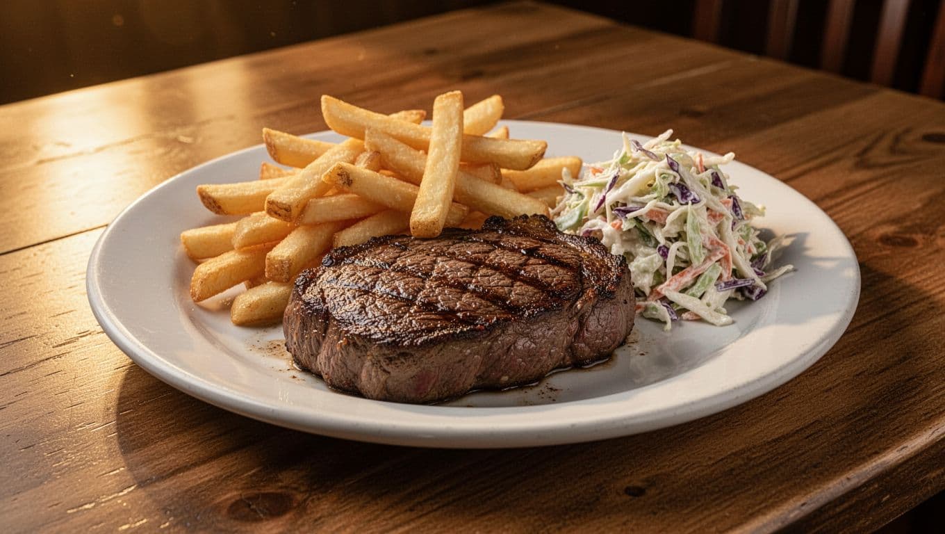 Sizzling Delmonico steak with golden fries and coleslaw on wooden table under green Prime Cuts banner.