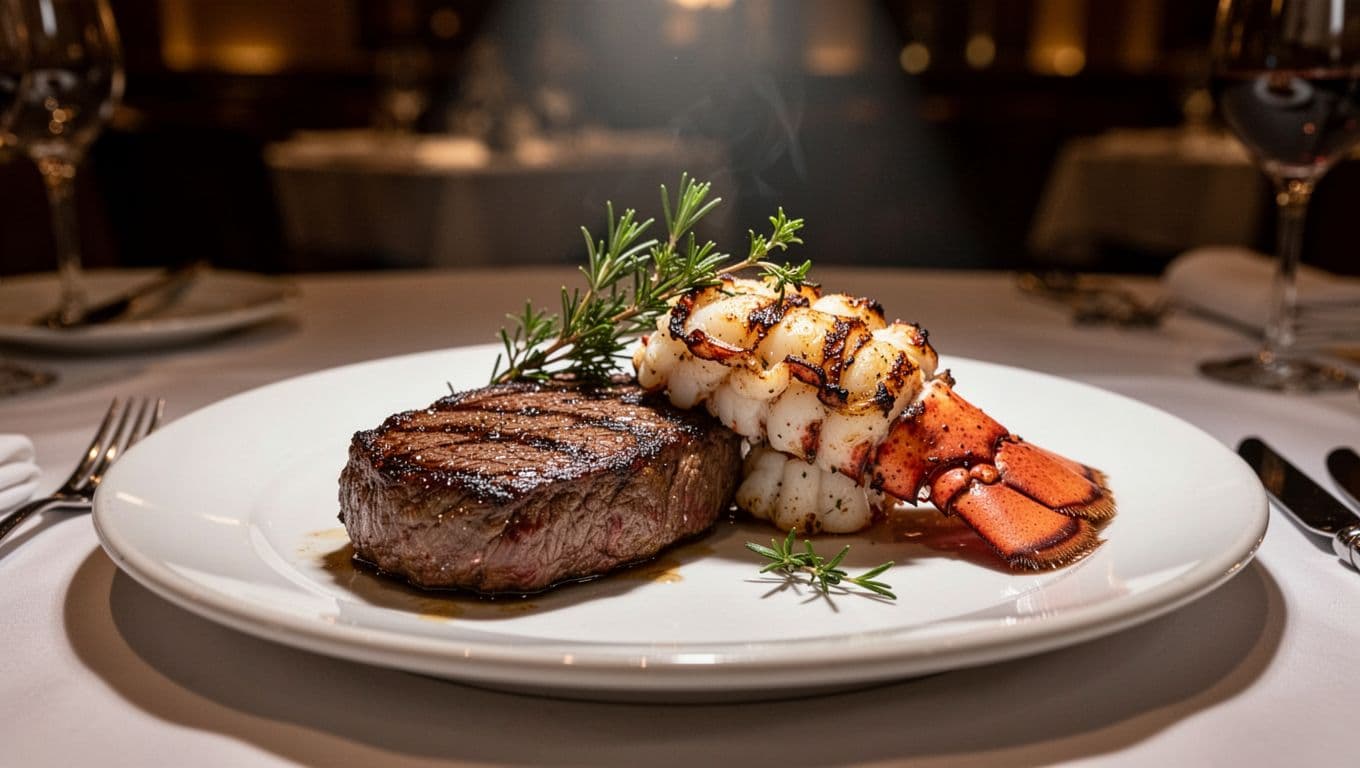 Prime wood-fired steak and grilled lobster tail on white plate with herb garnish, Prime Cuts banner at top, blurred steakhouse background.