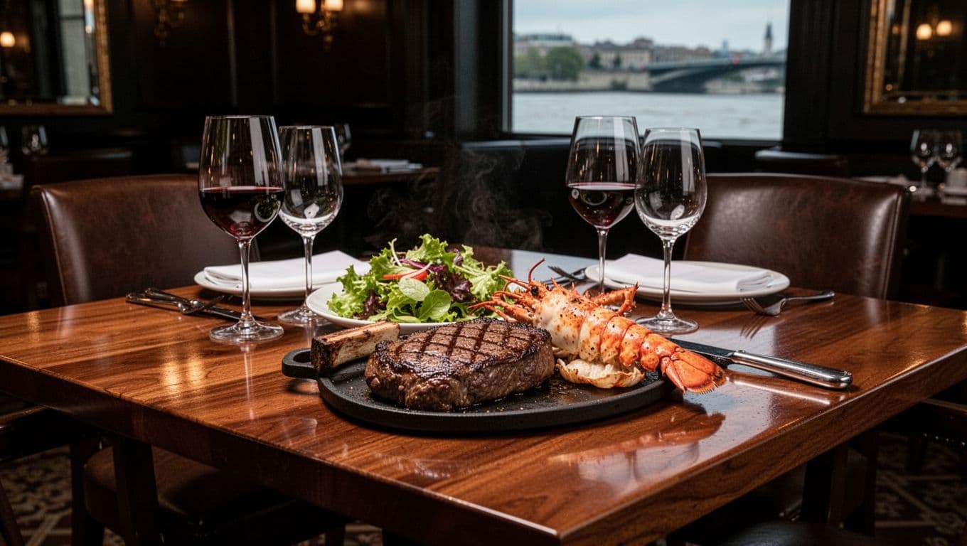 Polished wooden table with sizzling ribeye steak, lobster tail, salad, wine glasses in dim elegant casino interior and subtle river view, green 'Prime Steaks' band at top.