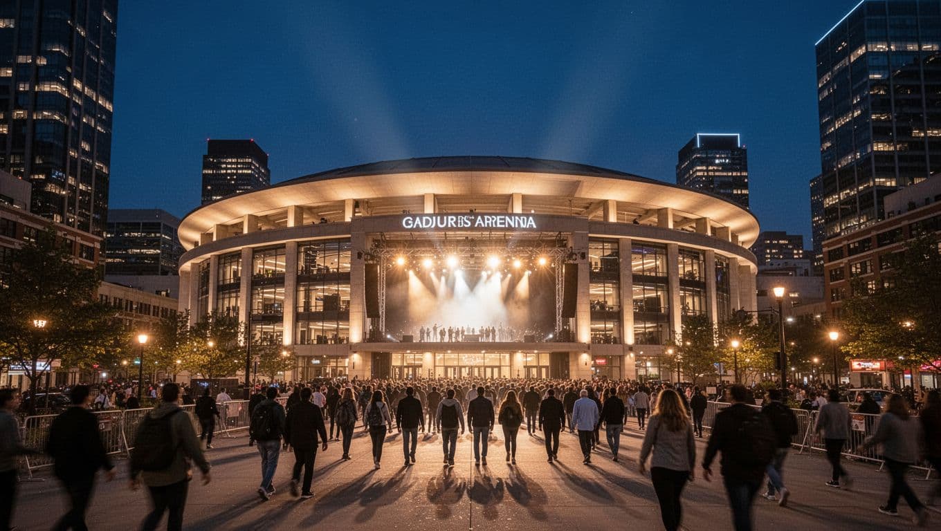 Exterior view of Propst Arena in downtown Huntsville at night, featuring crowds arriving for a concert with warm event lighting and cool night sky.