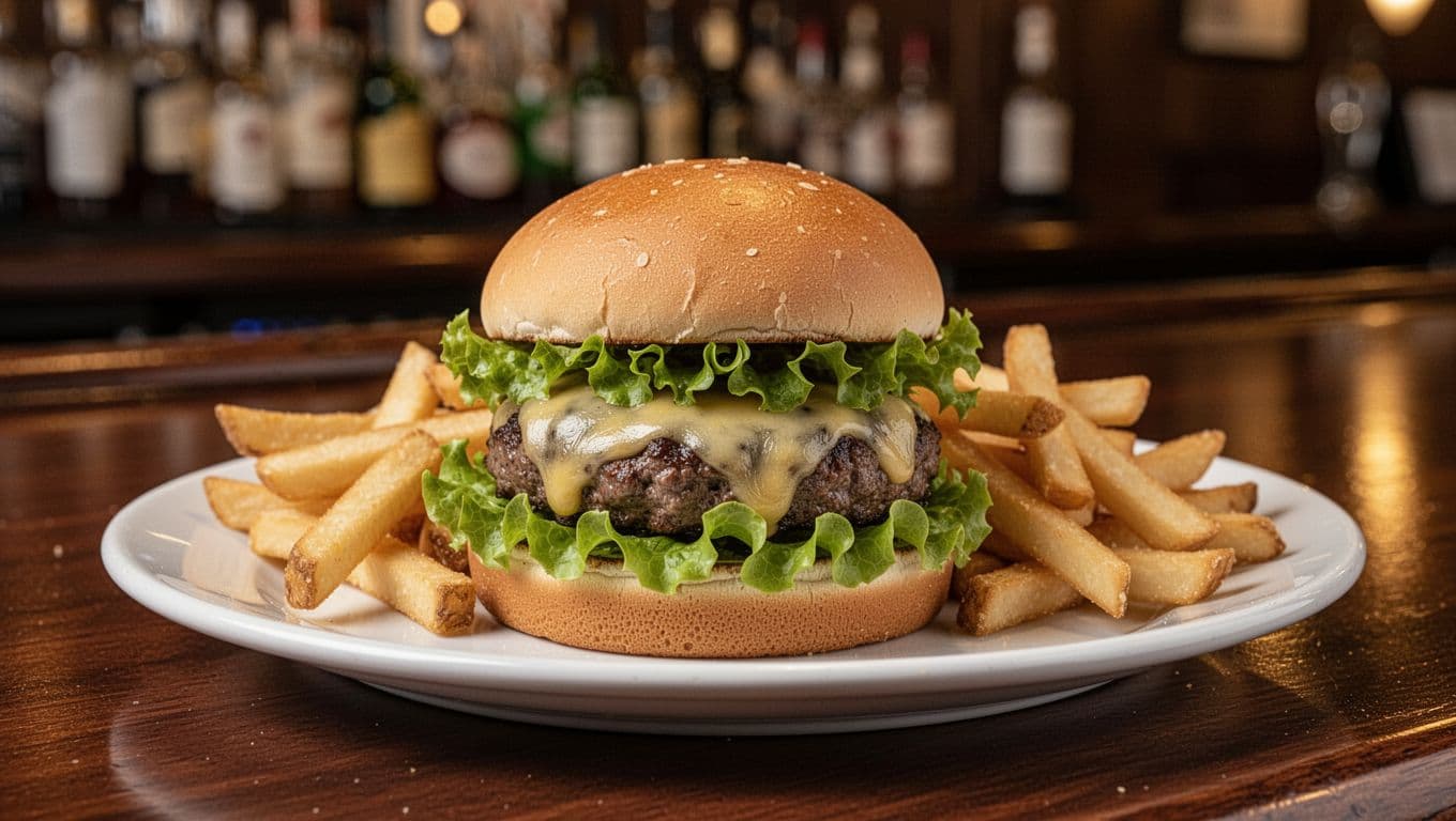 Juicy cheeseburger with melted cheese and fries on white plate against blurred pub counter, green 'Pub Grille' band at top.