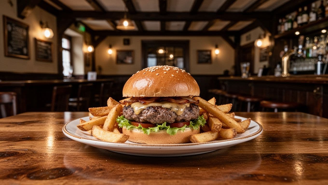 Plate of Irish pub burger with fries on wooden bar table in dimly lit pub interior under green 'PUB GRUB' headline band.