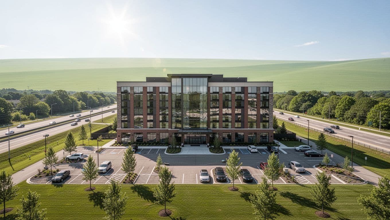 Daytime exterior of Quality Inn Alexander City hotel front entrance with clean modern facade, visible sign, parking, highway, and green landscape, featuring bold branded green header band with 'Quality Inn' title.
