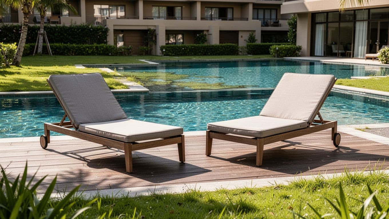 Outdoor seasonal pool at Quality Inn hotel in Fort Payne, Alabama, DeKalb County, with clear blue water, two lounge chairs on deck, green grass surround, and low building facade under bright sunny day.