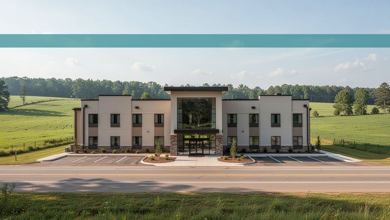 Modern exterior of Quality Inn hotel in Hanceville, Alabama, rural highway setting with green fields, centered on building entrance in bright daylight.