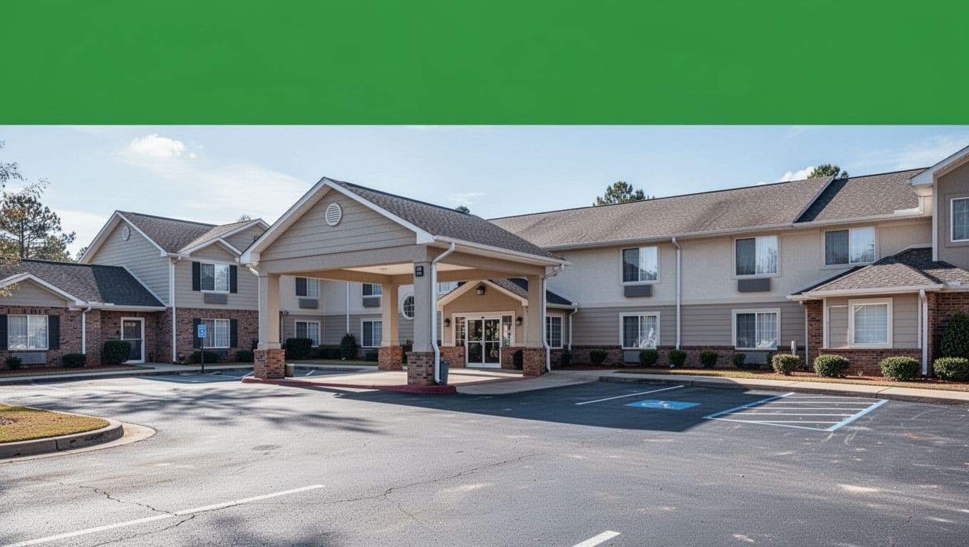 Realistic daylight photo of Quality Inn budget hotel front entrance and parking lot in suburban Madison, Alabama, with bold 'Quality Inn' headline in green band at top.