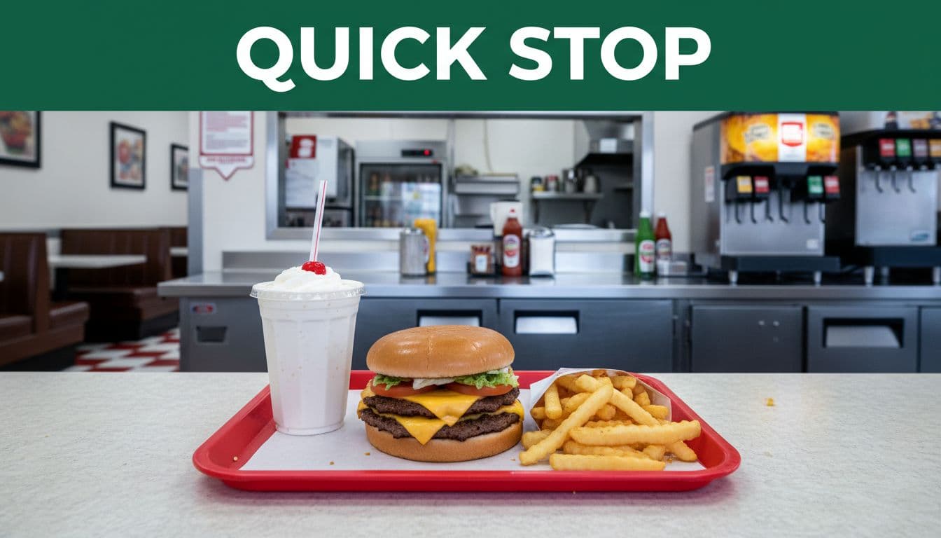 Tray with large burger, fries, and shake on fast food counter under fluorescent lights and green Quick Stop banner.