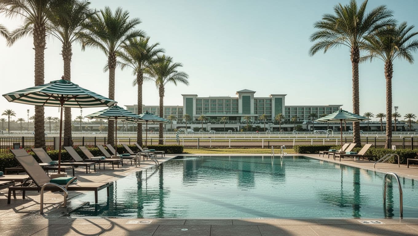 Empty poolside at a hotel near a racetrack with lounge chairs, umbrellas, palm trees, and a building in the background on a sunny day. Features a bold 'Relax Post-Race' headline in a green band at the top in editorial style.
