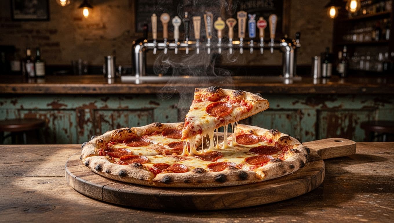 Wood-fired pepperoni pizza on a wooden board in a cozy pub interior with rustic bar background, dim lights, beer taps, and a slice being lifted amid appetizing steam.