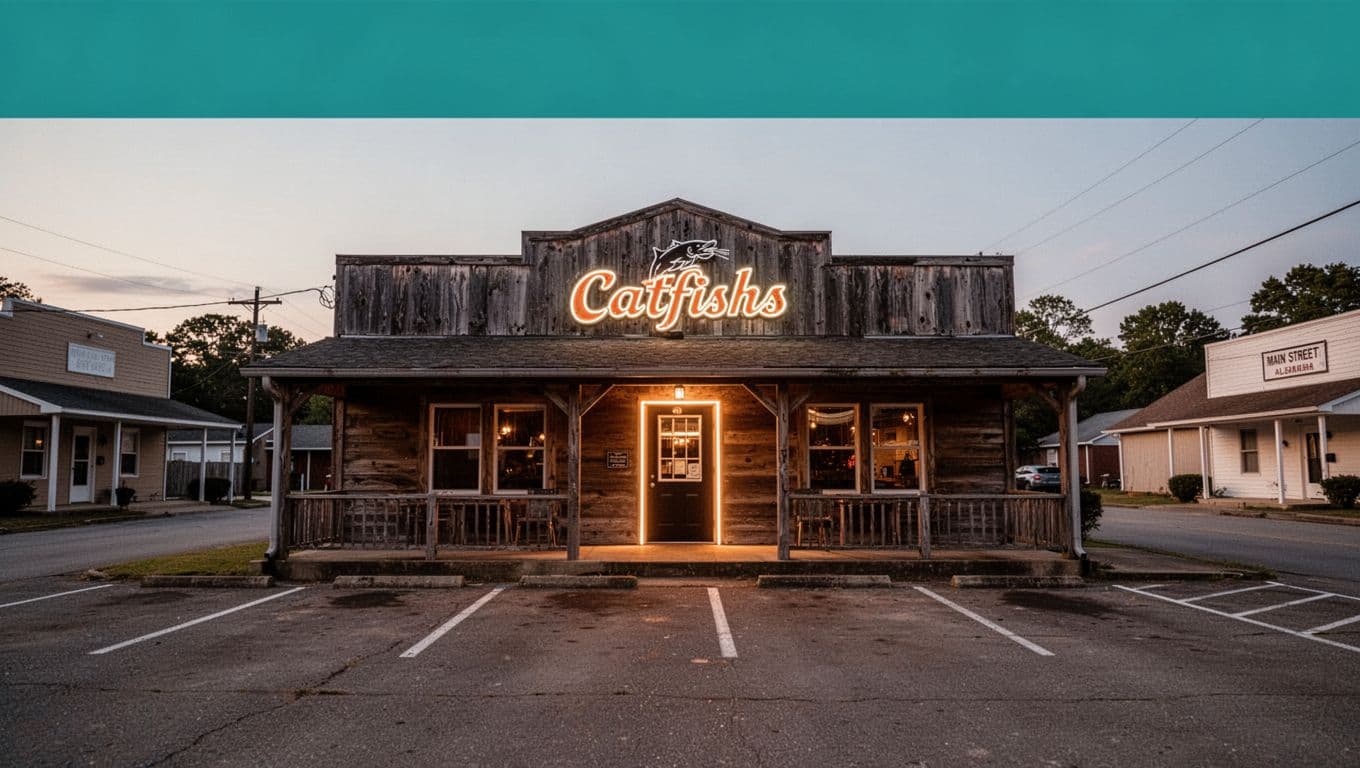 Wooden restaurant facade centered below green 'Rainsville Eats' headline band, neon sign, parking lot on Main Street at dusk.