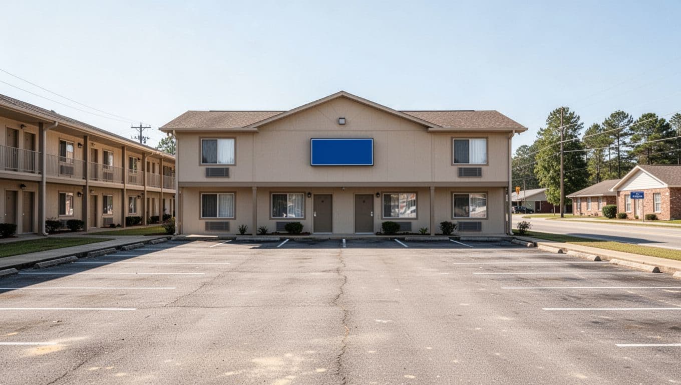 Clean modern two-story beige Super 8 by Wyndham motel exterior in Rainsville Alabama on highway frontage with prominent blue sign paved parking lot clear daytime sunlight centered straight-on realistic photo view.
