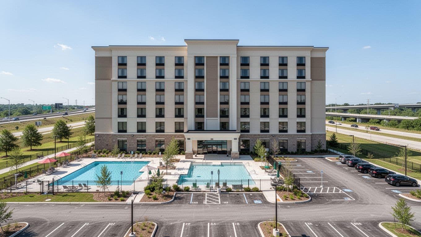 Exterior of Ramada by Wyndham Birmingham Airport hotel, mid-rise building with seasonal outdoor pool and parking lot in foreground, highway access to BHM, bright daytime clear skies, realistic photography.