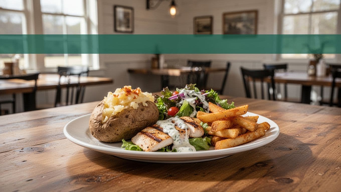 Plate on table holds loaded baked potato, grilled chicken salad, and Cajun ranch fries with Ranch House green header band.