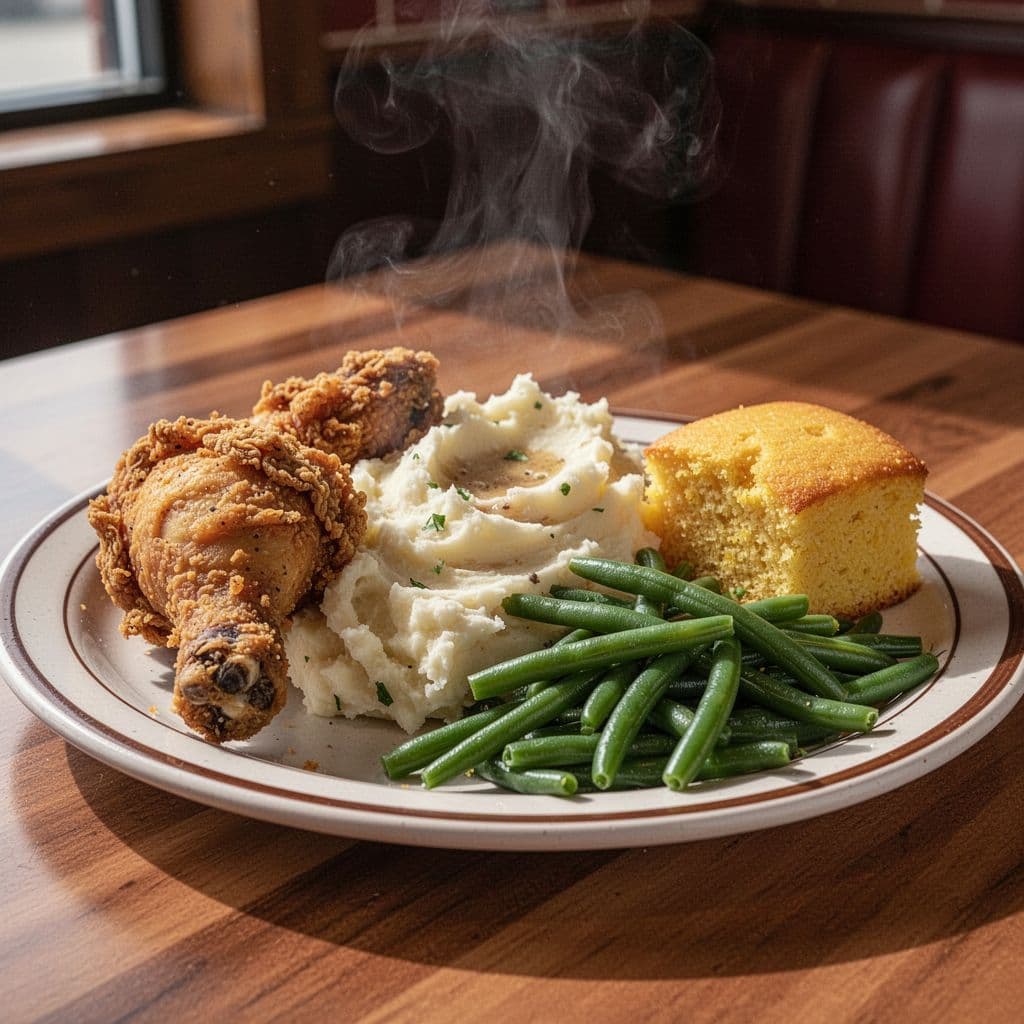 Steaming diner plate of fried chicken, mashed potatoes, green beans, and cornbread on wooden table under green TOP PICK banner.