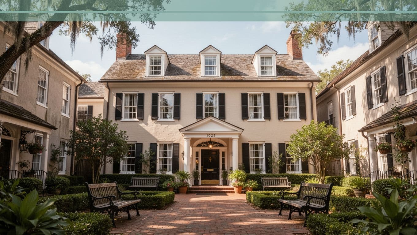 Charming historic hotel exterior in a small southern town, featuring a welcoming courtyard with benches and greenery, front door and sign under a clear daytime sky. Bold branded green header band at top with 'Red Bay Stay' headline, centered composition with natural soft daylight.