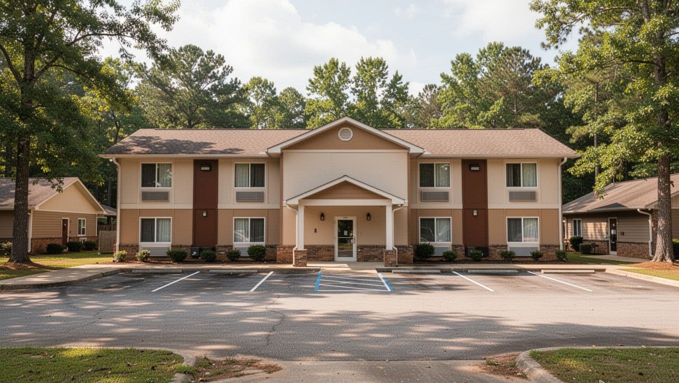 Clean budget motel exterior in rural Jacksonville Alabama with parking lot entrance and green trees under soft daylight realistic photo branded with bold Red Roof Inn headline in green band.