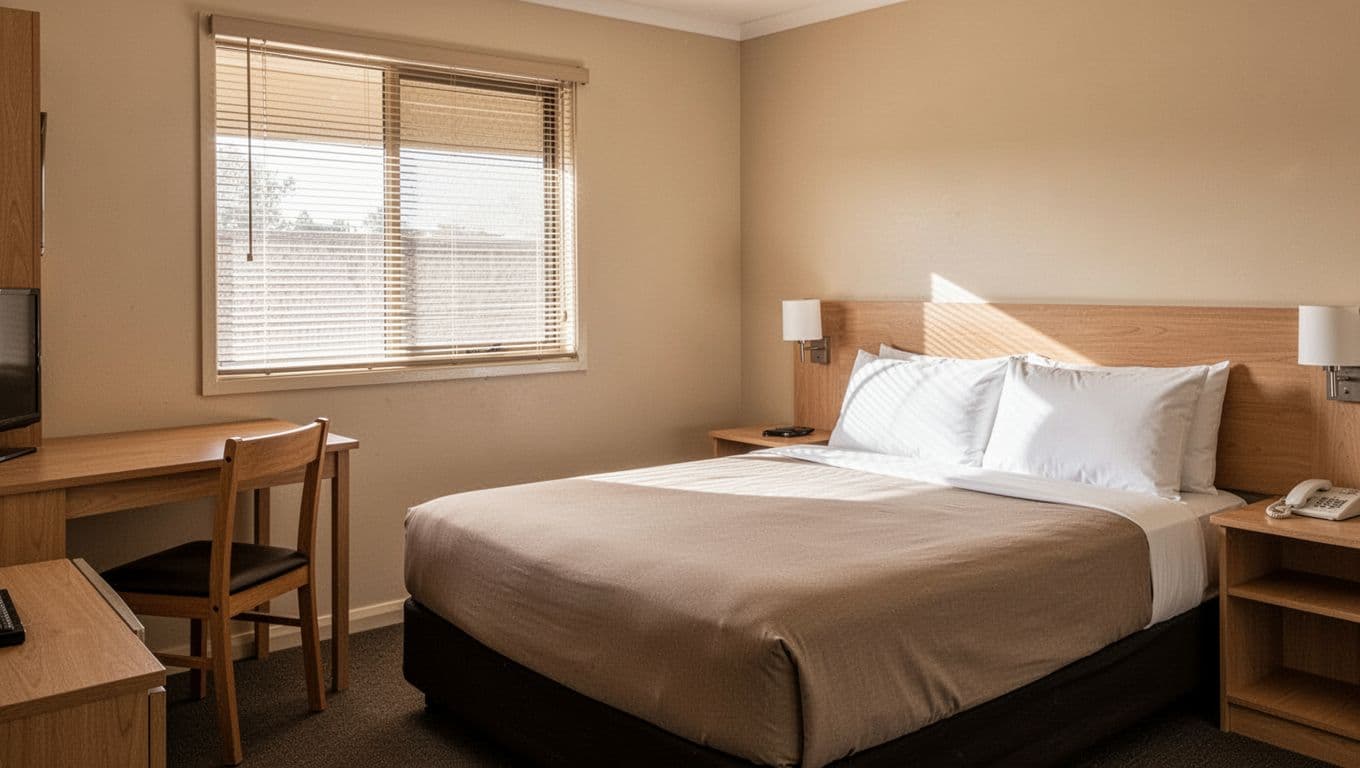 Clean budget motel room interior at Red Roof Inn Jacksonville, featuring a tidy bed, desk, window with blinds in neutral tones and soft indoor lighting. Top edge-to-edge green band with bold 'Red Roof Value' headline.