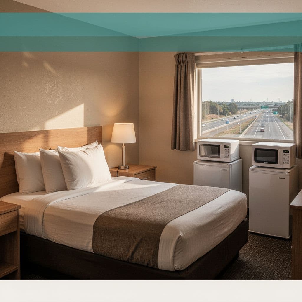 Cozy budget motel room interior at Red Roof Inn Sylacauga with clean queen-size bed, pillows, nightstand lamp, microwave, fridge, and highway window view under warm ambient lighting. Features bold 'Budget Comfort' headline in green band, editorial style, square aspect ratio, no people or logos.
