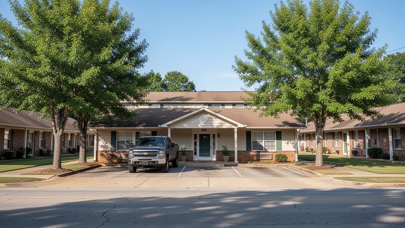 Rural motel exterior with parked pickup truck, green trees, blue sky, and top headline 'Reform Motels' in green band.