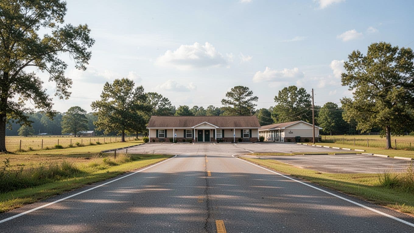 Rural county road leads to small Reform motel with sign, empty lot, fields and trees, sunny light, topped by 'Nearby Motels' green banner.
