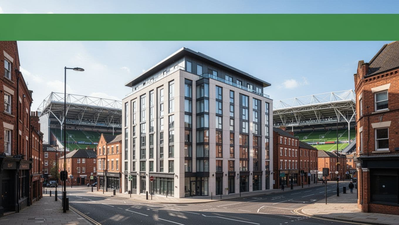 Wide-angle exterior view of an urban hotel in downtown Birmingham, Alabama, near Regions Field soccer stadium on a sunny day, with a green top banner displaying 'Walking Distance'. Realistic photo style featuring bright natural light, no crowds or vehicles.