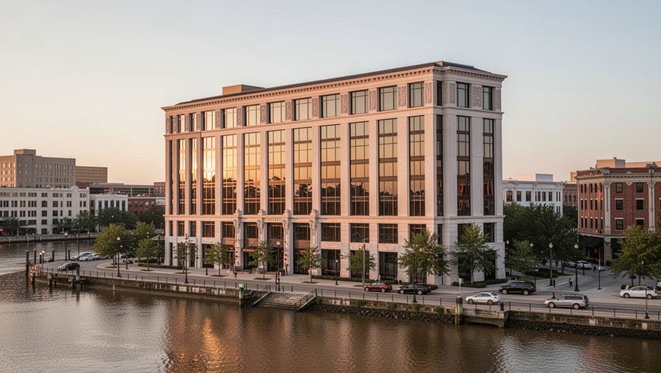 Riverside golden hour view of the Renaissance Mobile Riverview Plaza Hotel in downtown Mobile, Alabama, with modern architecture reflecting warm light and a bold 'Mobile Luxury' headline on a green band.