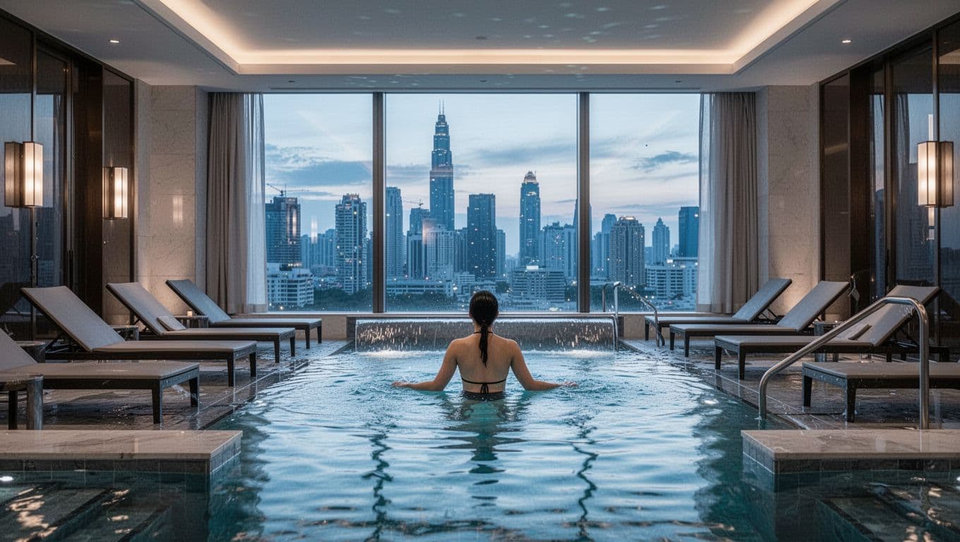 Elegant luxury hotel spa pool area at Renaissance Montgomery with lounge chairs, water feature, city view, and soft evening ambient lighting. Features a bold 'Luxury Base' headline on a green band, highlighting premium amenities for discerning travelers.