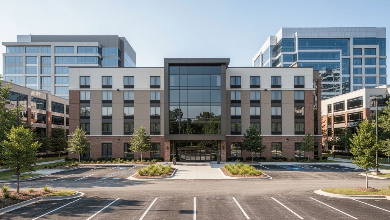Modern hotel exterior in Research Park Huntsville featuring parking lot and sign with office buildings in background, straight-on realistic daylight photo with bold 'Research Park Picks' headline on green band.