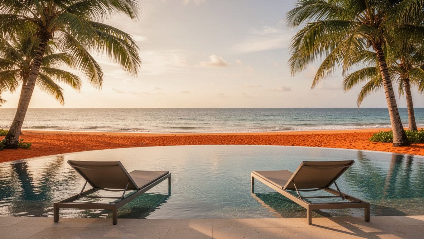 Photorealistic infinity pool at a beach resort overlooking the ocean during golden hour, with bold 'Resort Life' headline on a green band at the top. Features two lounge chairs, palm trees, in Orange Beach setting, no people or extra elements.