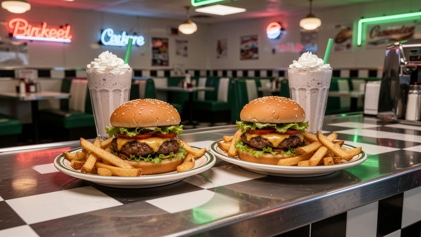 Cozy retro American diner counter with two plates of stacked burgers, fries, and milkshakes, checkered floors, neon signs, and warm glow under soft lighting. Bold 'CASUAL EATS' headline in green sans-serif font across the top band.