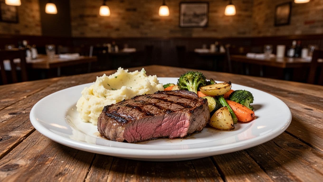 Ribeye steak with mashed potatoes and vegetables on wooden table in steakhouse dining room, green top band with Steakhouse Leader text.