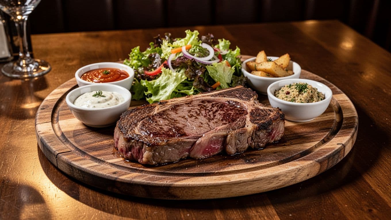 Hand-cut ribeye steak with house salad and sides on wooden platter, green Steak Night banner at top.