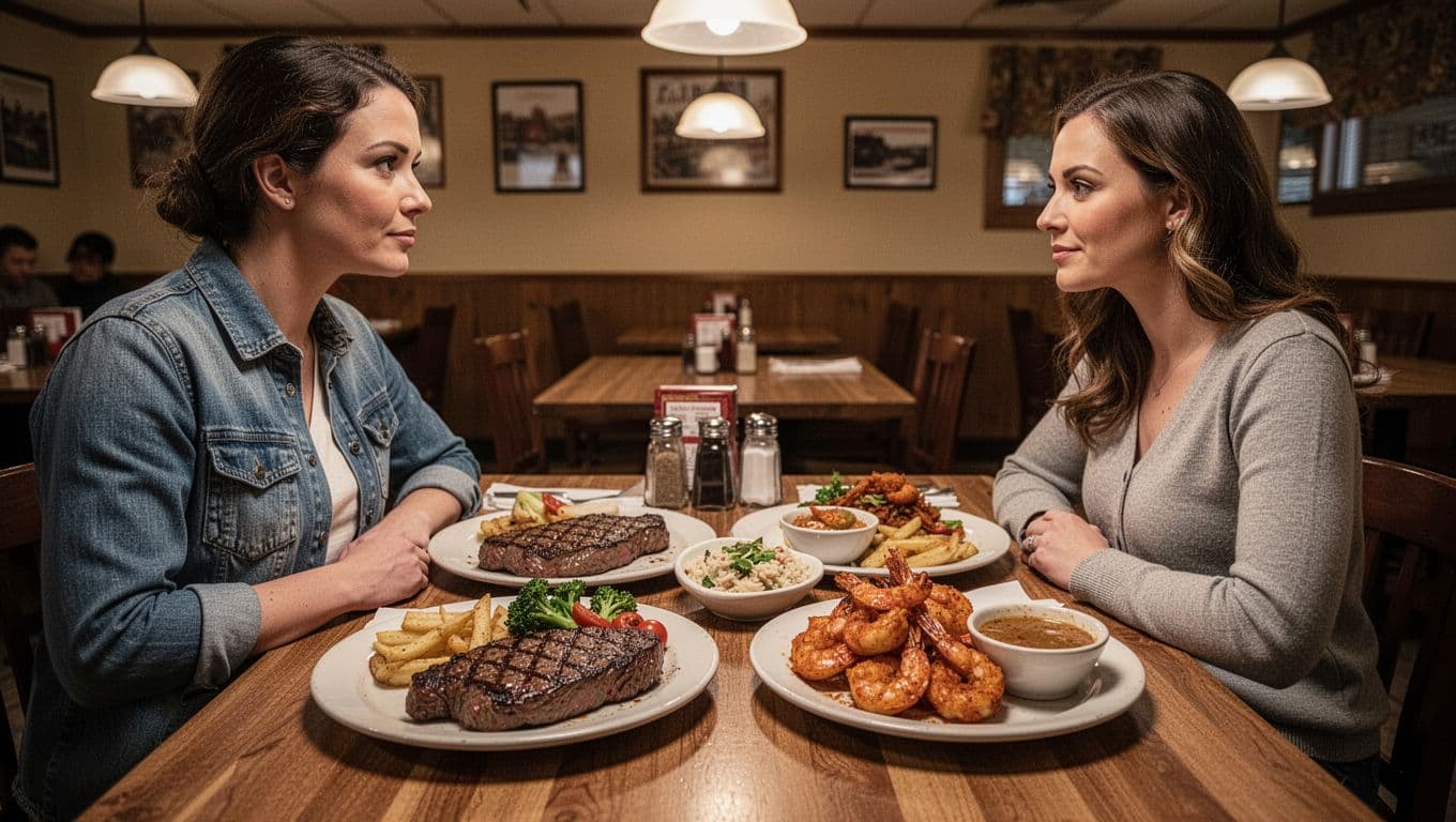 Cozy Rick's Grille interior with wooden tables set with grilled steak, Cajun shrimp, sides, and a couple dining under warm lights.