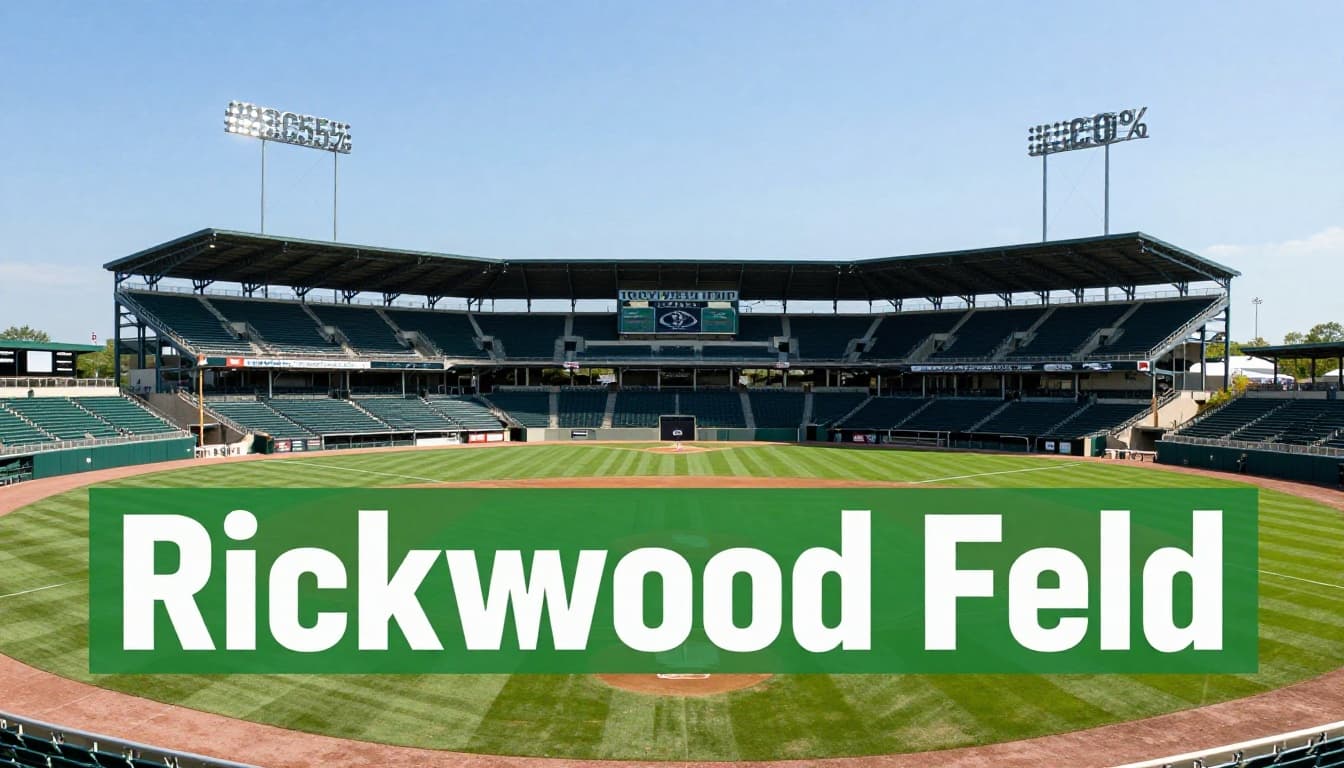 Wide landscape view of historic Rickwood Field baseball stadium exterior in Birmingham, Alabama on a clear sunny day, showing entrance gates, grandstands, and green field in photorealistic style.