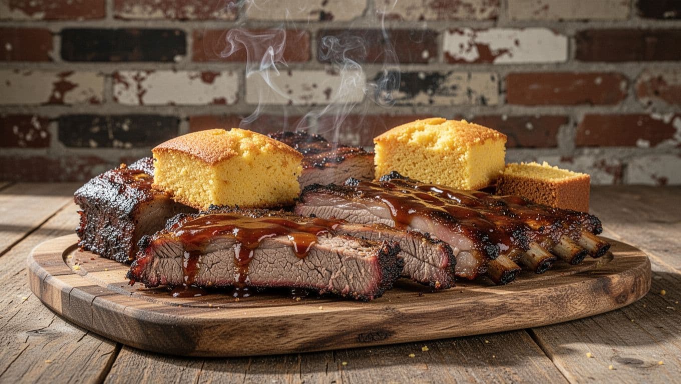 Smoked brisket with sauce, ribs, and cornbread on rustic wooden platter under green 'Rising Smoke' headline.