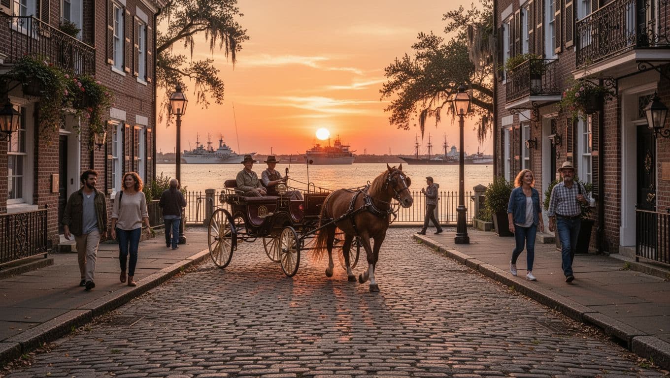 Historic cobblestone River Street in Savannah at sunset with horse-drawn carriage in foreground, river and ships in background, warm orange lighting, topped with green band and 'River Street Stays' headline.