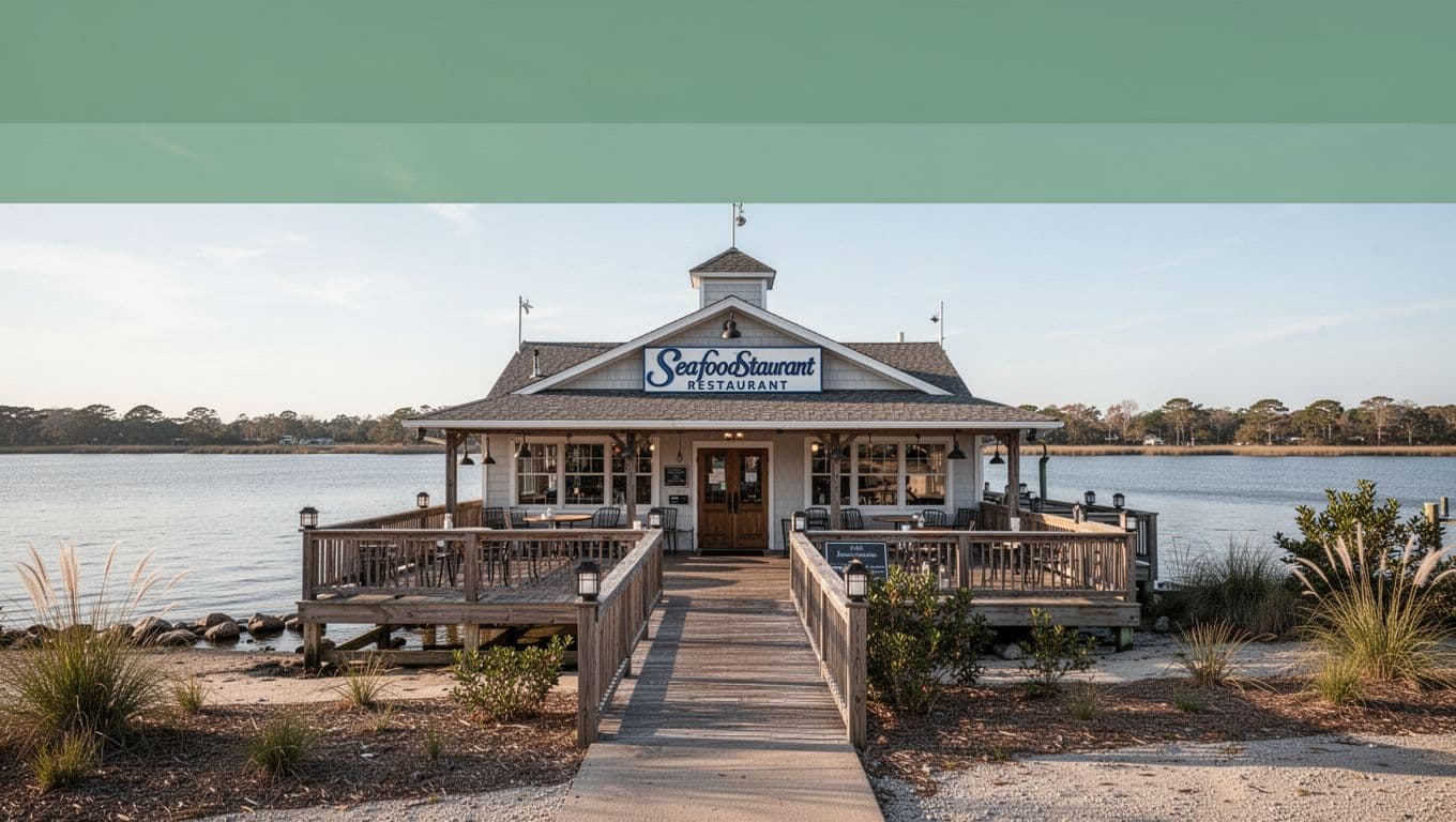 Centered riverside seafood restaurant exterior with wooden deck over water, clear daytime sky, top green band with 'RIVER VIEW' text.