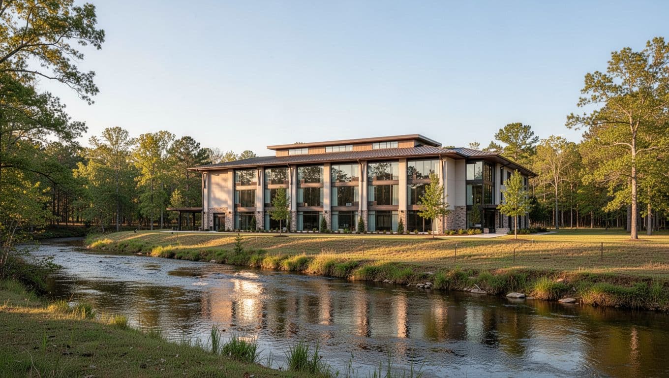 Modern hotel facade by river in sunny rural countryside with green 'Riverside Stay' header band.