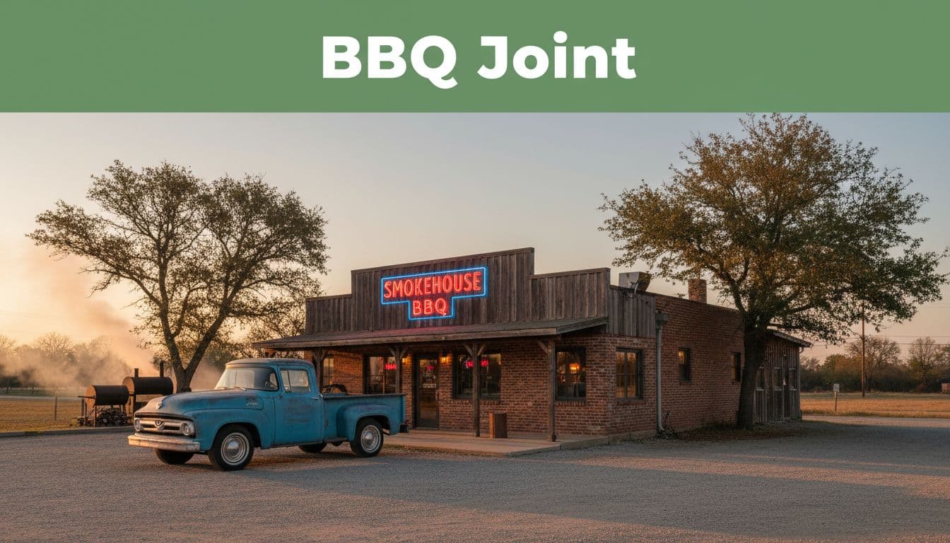 Dusk view of classic roadside BBQ restaurant with neon sign, parked truck, grill smoke, and top green 'BBQ Joint' banner.