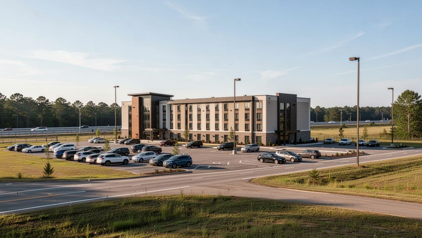 Roadside hotel exterior near I-65 sign in rural Alabama with full car parking lot and green 'Near I-65' banner at top.