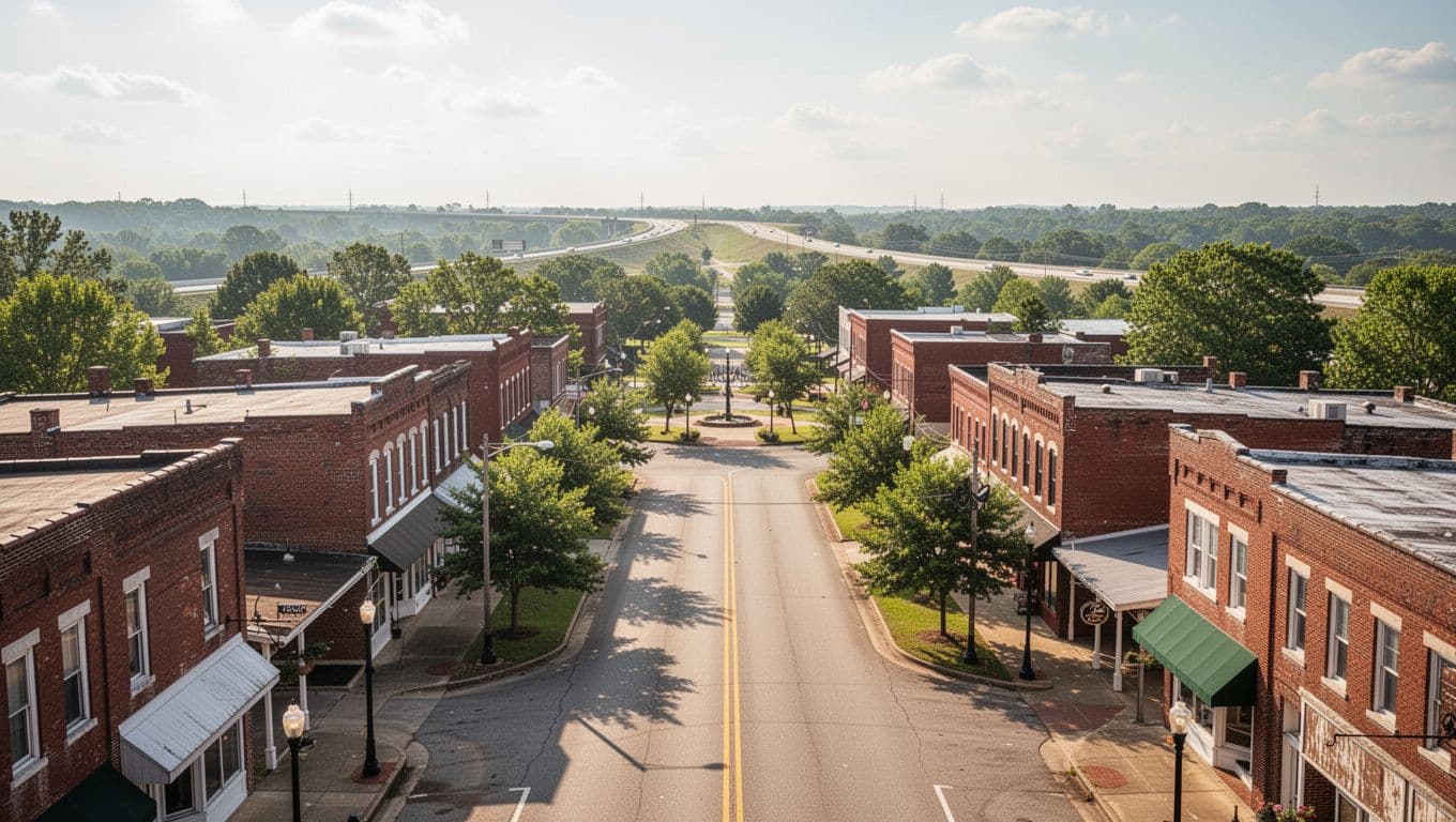 Scenic photorealistic view of Roanoke, Alabama downtown with historic buildings, green parks, and main street leading to town center under bright sunny skies, no people or cars.