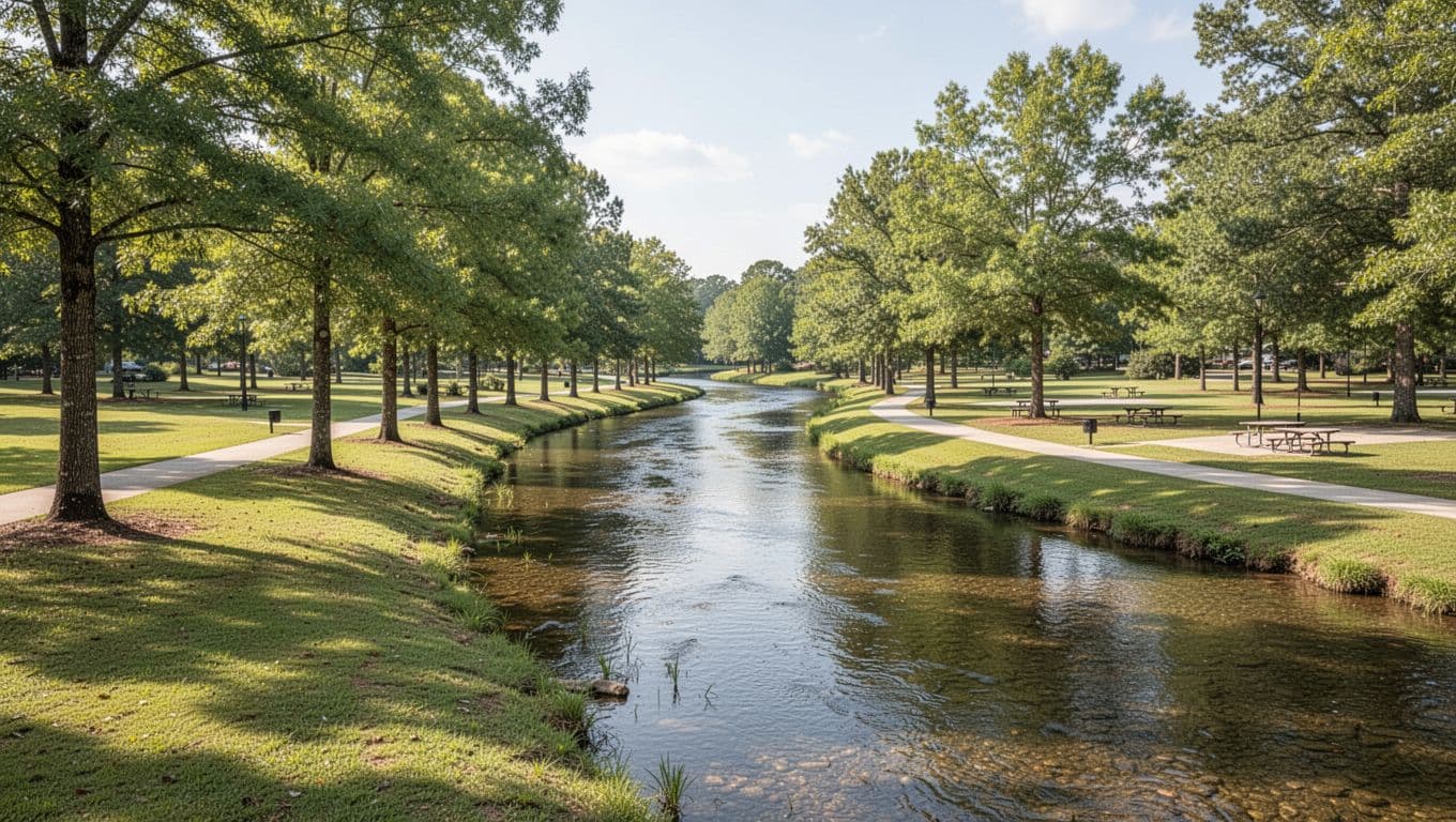 Scenic daytime landscape of Robert Fowler Memorial Park in Geneva, Alabama, featuring clear river, green trees, trails, and picnic areas in realistic photo style, topped with bold 'NEARBY FUN' headline on green band.