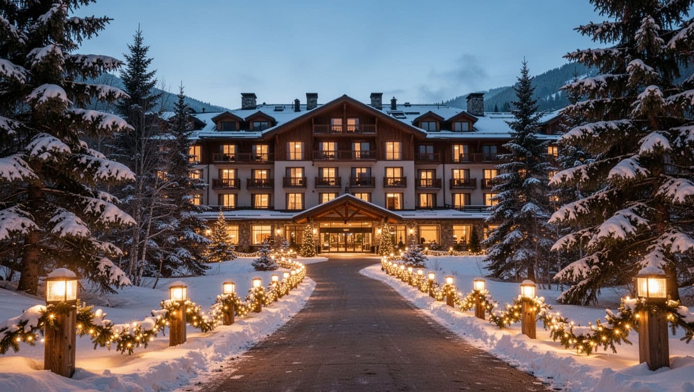Cozy hotel exterior at dusk with glowing holiday lights on a snowy mountain path leading to Rock City Gardens entrance, framed by snow-dusted trees and warm lobby light.