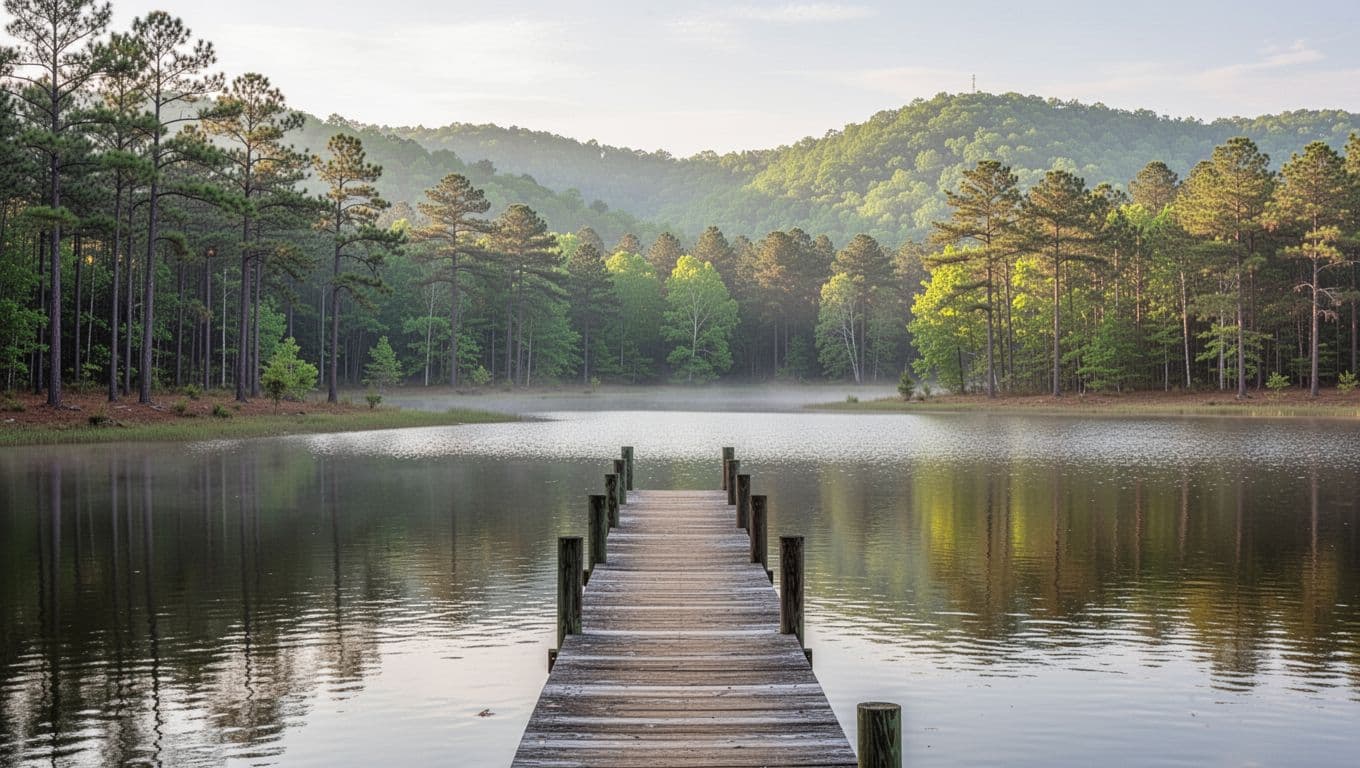 Serene lakeside scene at Roland Cooper State Park in Alabama, with calm water, a centered dock, pine trees on the shore, green hills in the background, and soft morning light in a realistic photo style.